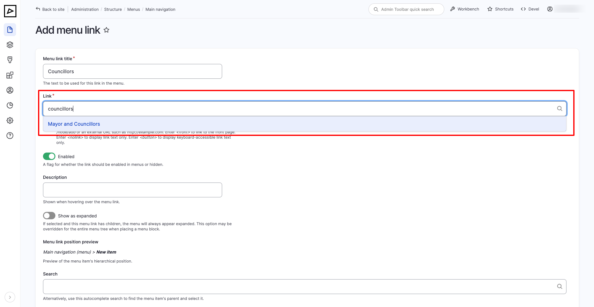 Menu - Structure - Add Link - Autocomplete