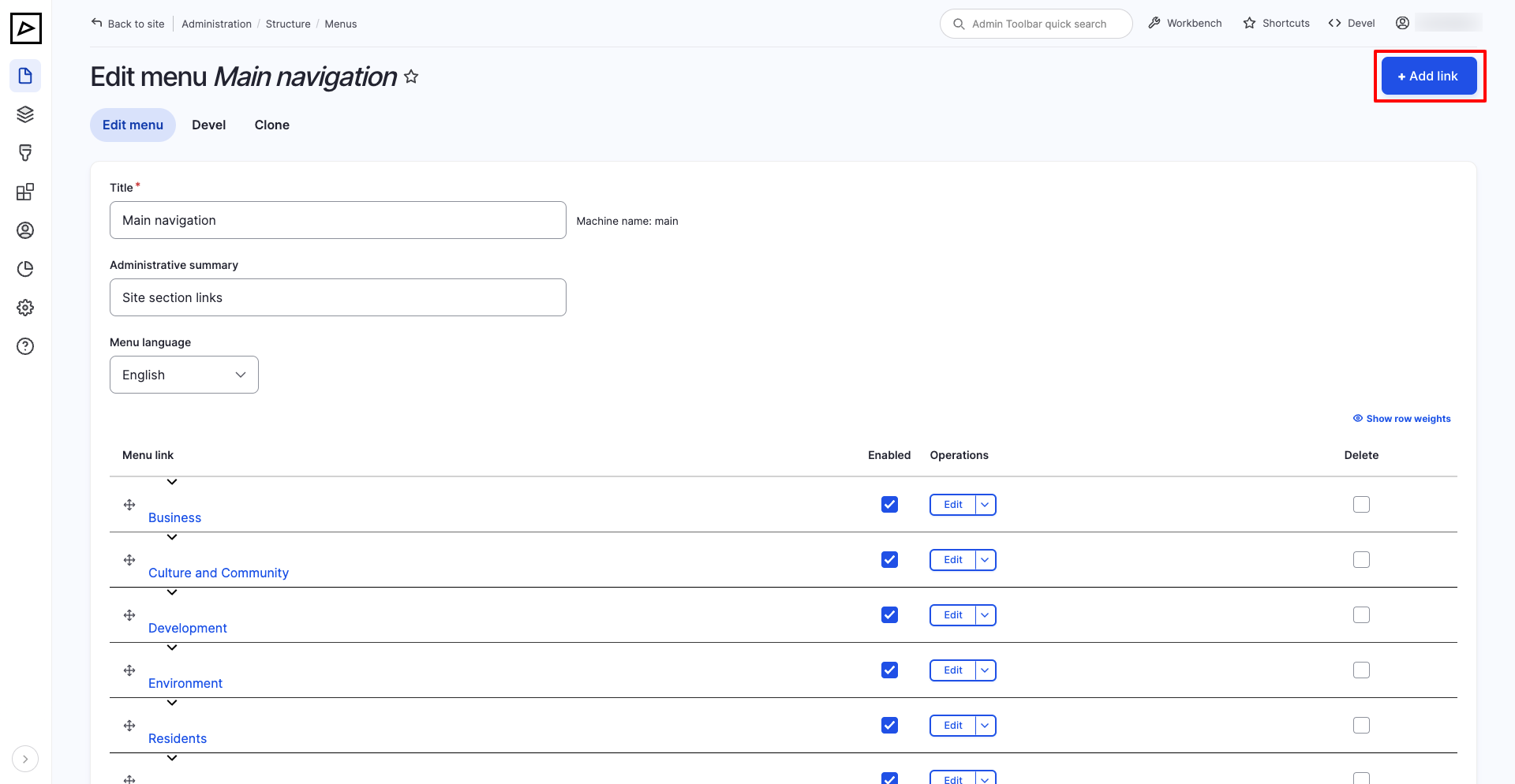 Menu - Structure - Add Link Button
